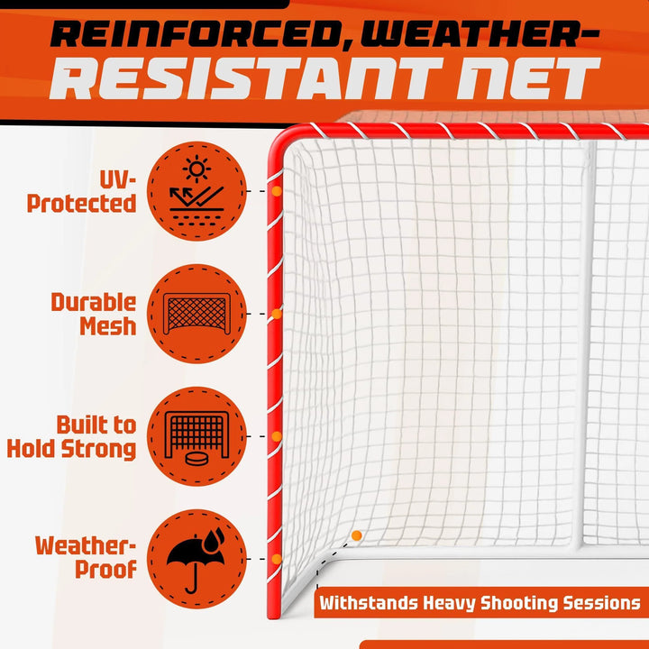 Metal Street Hockey Goal 54X44 Inch Heavy Duty Steel Frame with Net Outdoor Hockey Net for Youth & Adults Ball Roller & DEK Hockey Practice Goal Easy Assembly