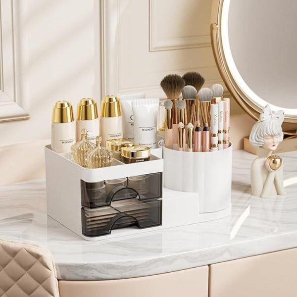 Multi-Compartment Desk & Vanity Organizer with Rotating & Drawer Storage