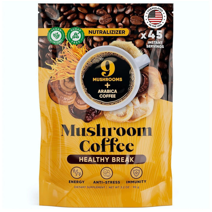 Organic Mushroom Coffee Blend – 9 Mushrooms for Natural Energy Immunity Boost & anti Stress 45 Servings